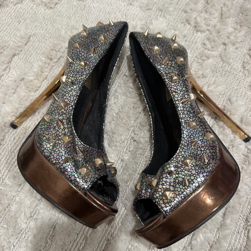 Promise Iridescent Studded Peep-Toe Platform Heels in Bronze